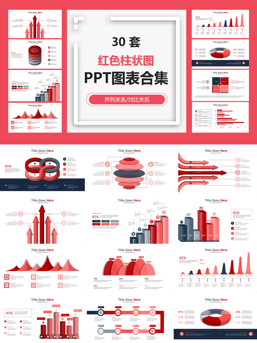 红色柱状图PPT图表合集
