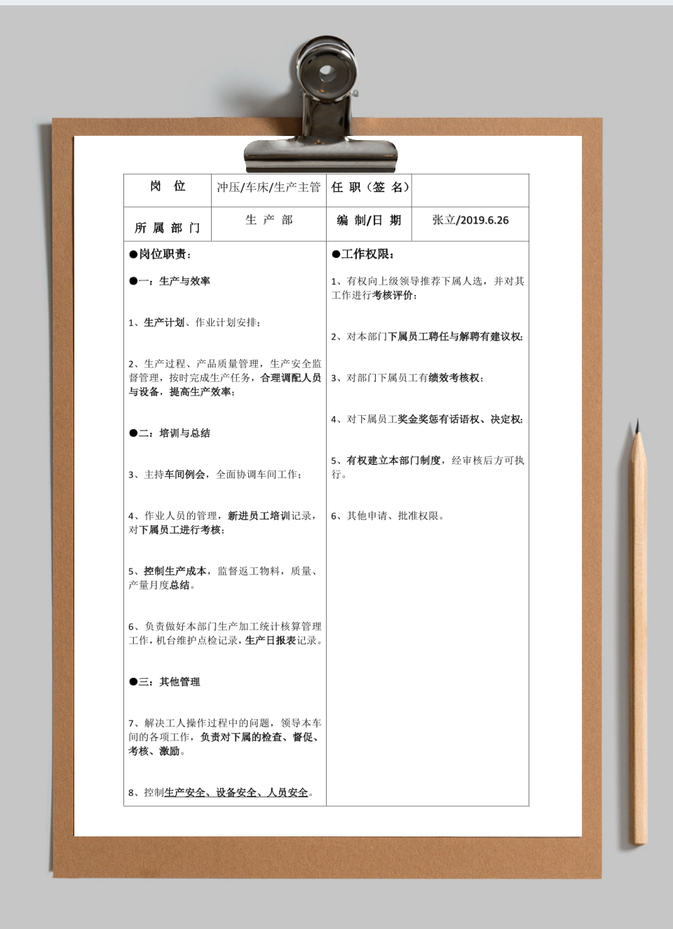 生产主管主任岗位职责说明