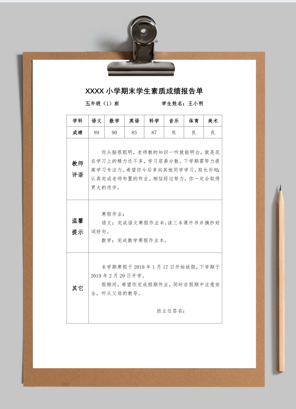 学生素质成绩报告单