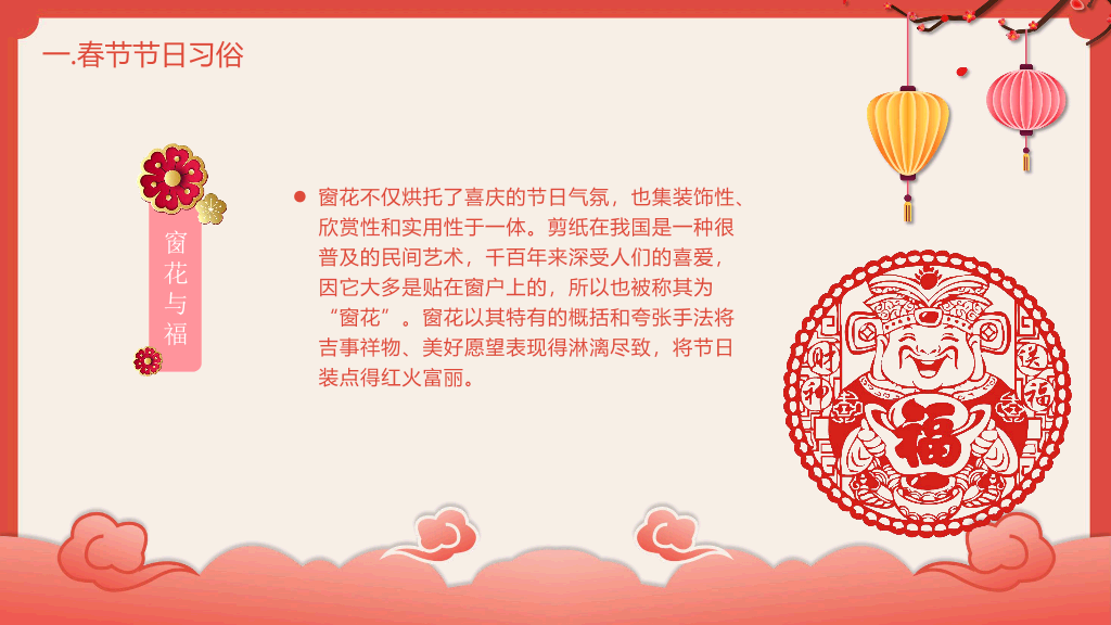 102#喜庆灯笼春节习俗介绍PPT模板