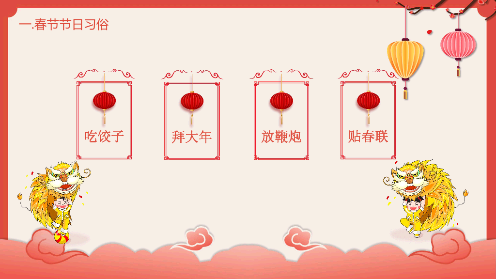 102#喜庆灯笼春节习俗介绍PPT模板