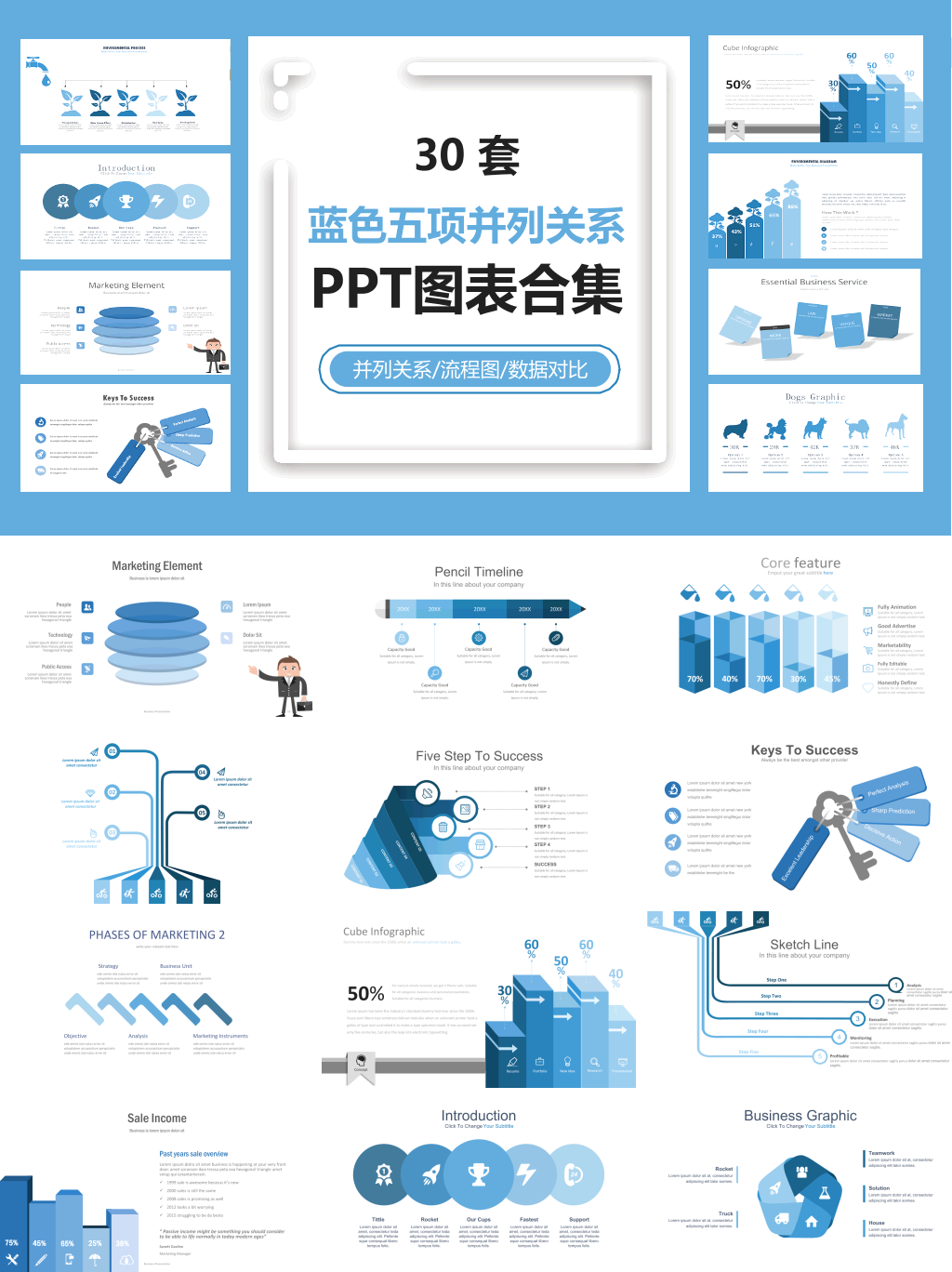 浅蓝色五项并列关系PPT图表合集