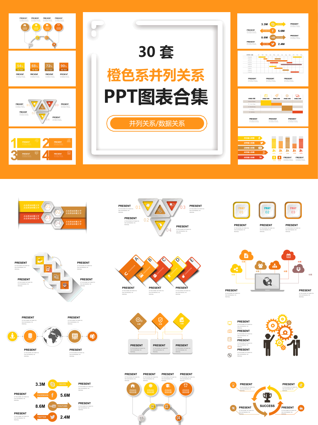 橙色系并列关系PPT图表合集