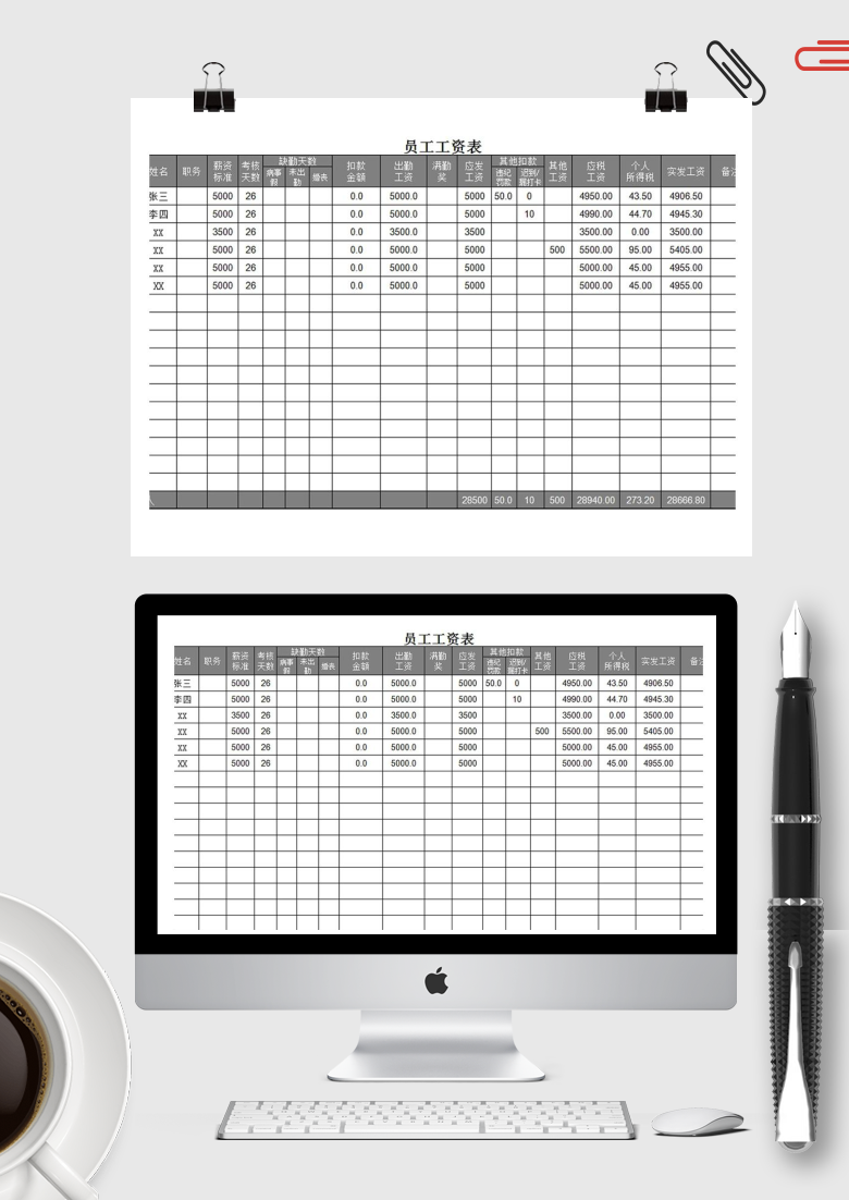 员工工资表excel模板