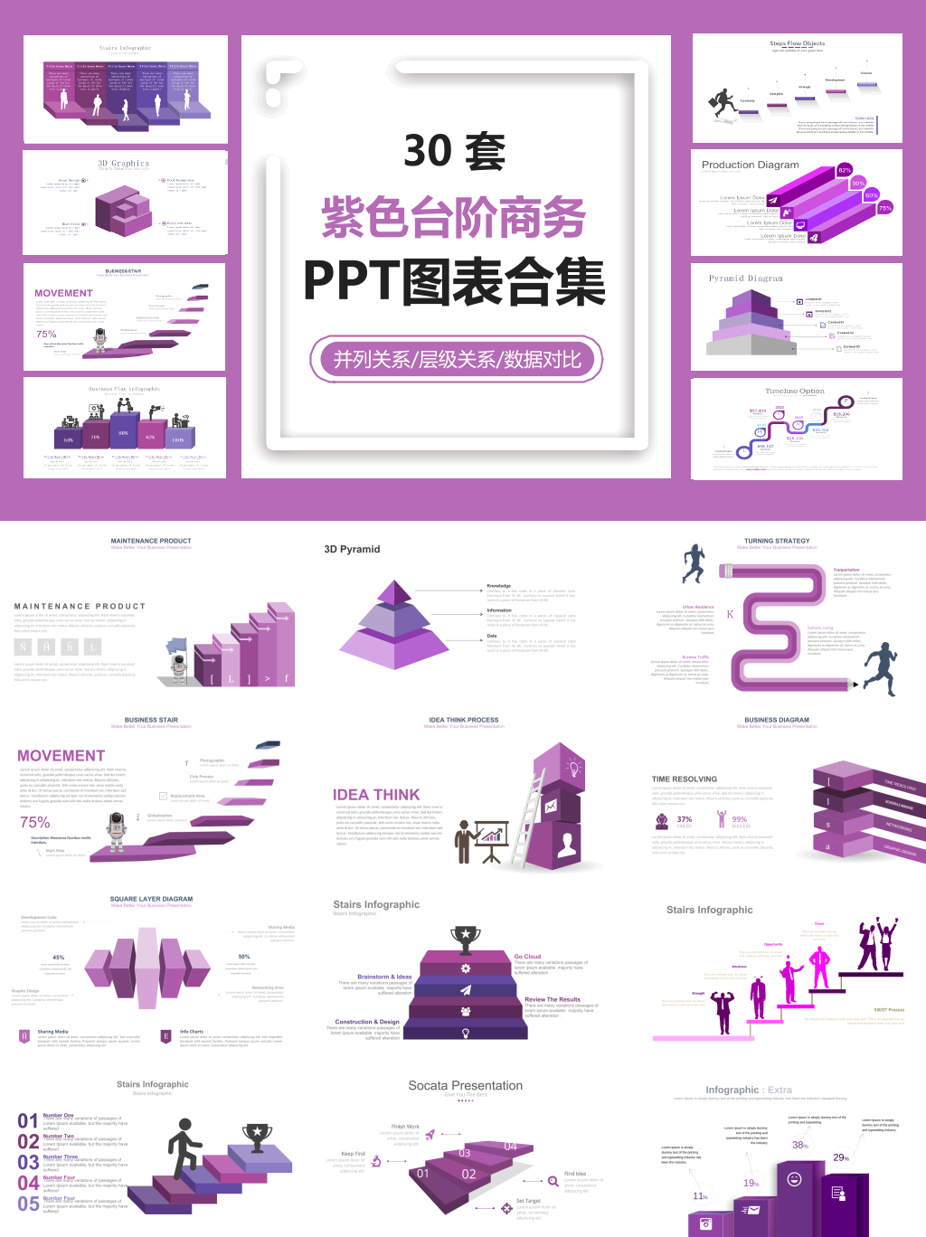 紫色台阶商务PPT图表合集