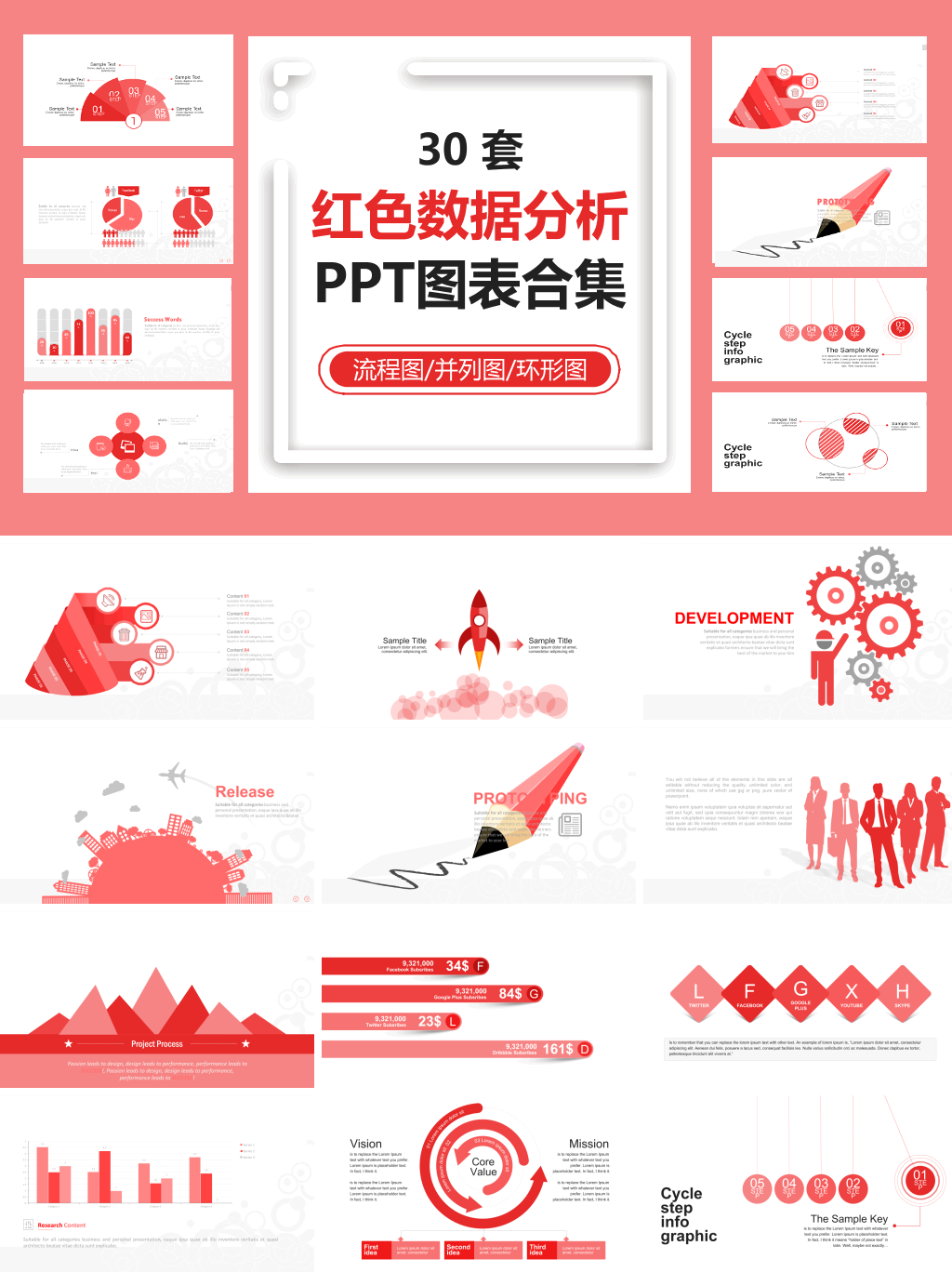 30套简约红色数据分析PPT图表