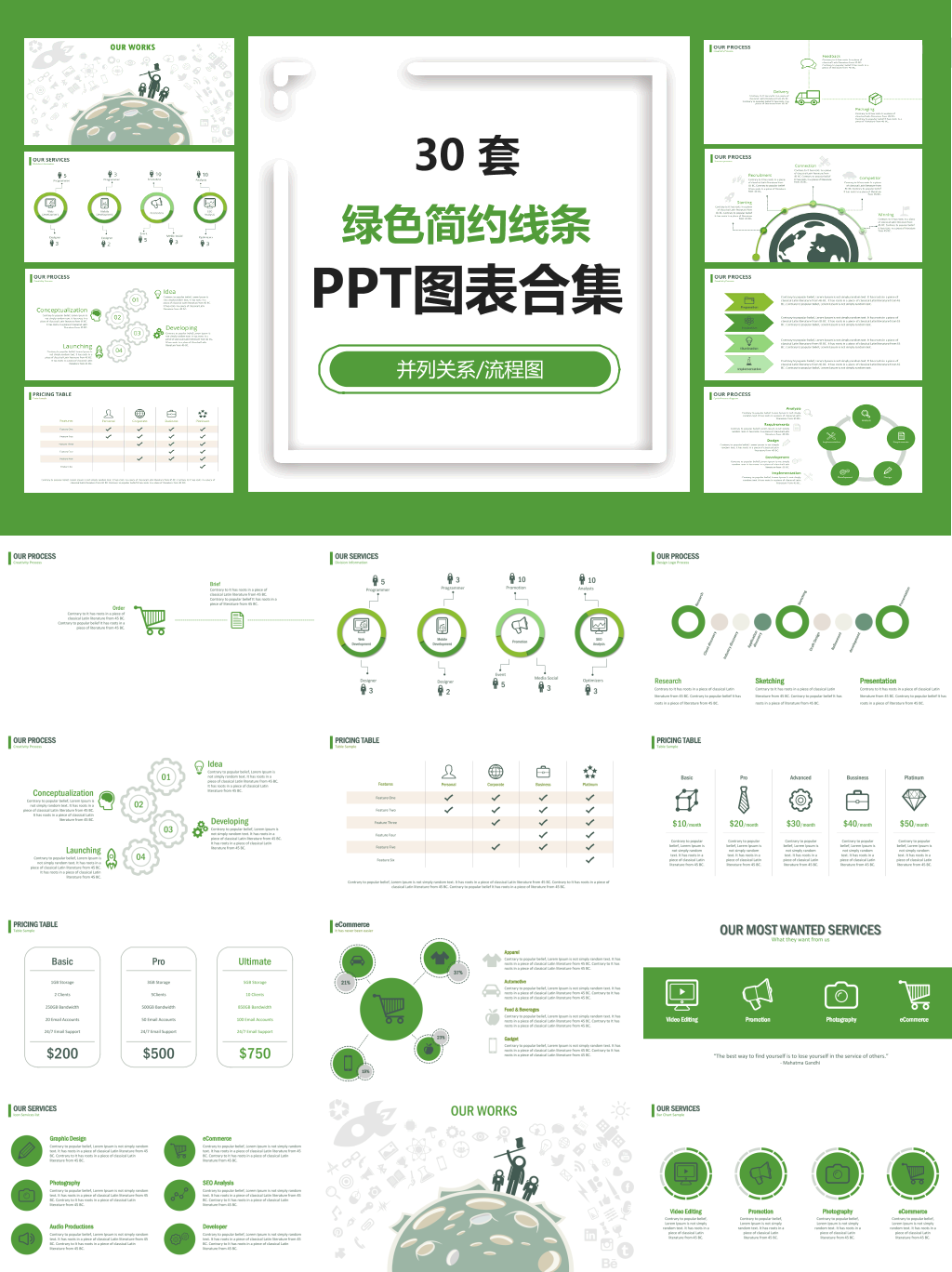 绿色简约线条PPT图表合集