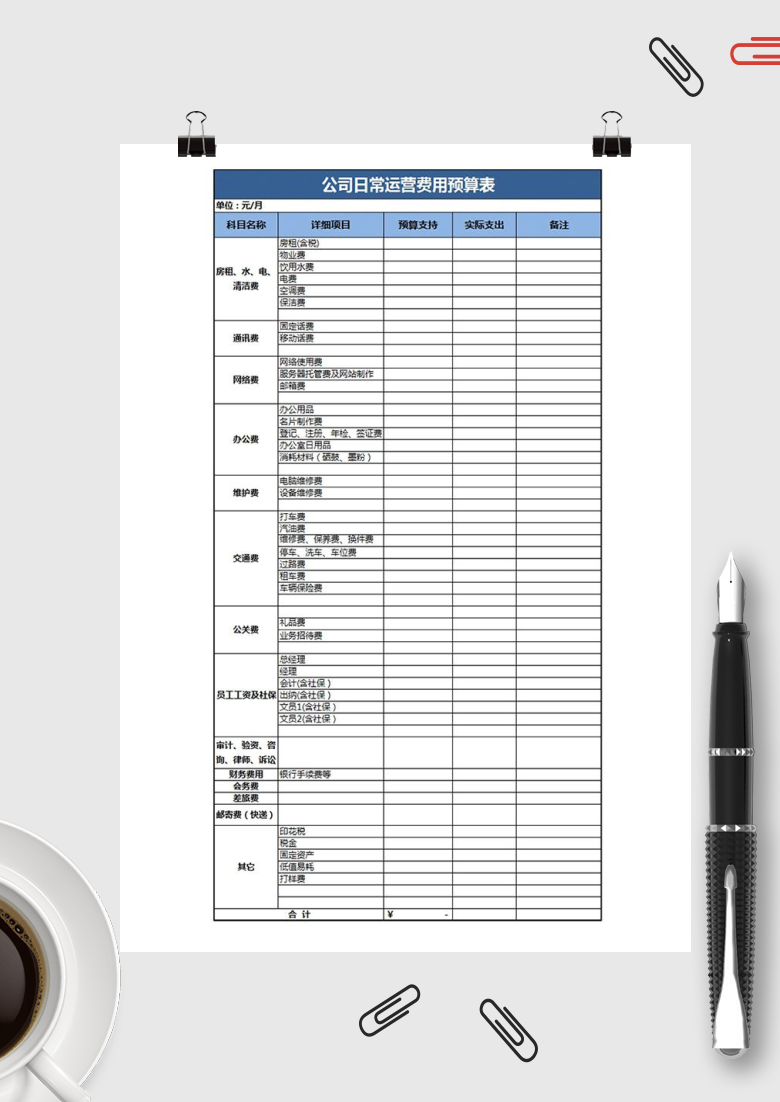 公司日常运营费用预算表