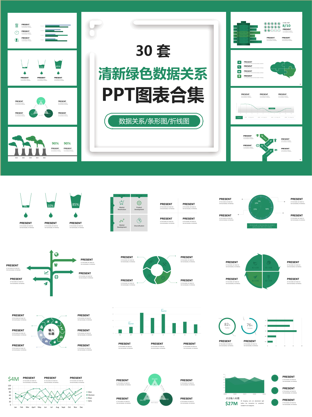 清新绿色数据关系PPT图表合集